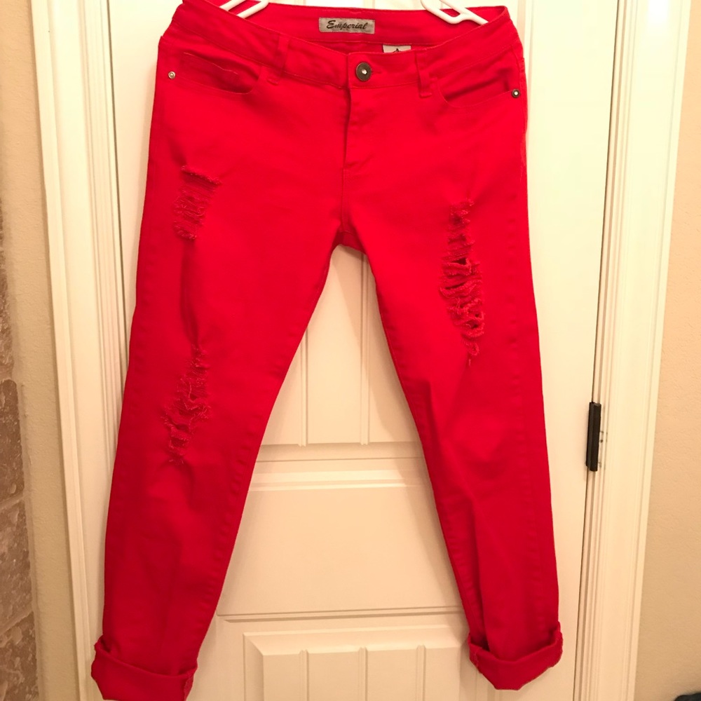 Red destroyed jeans